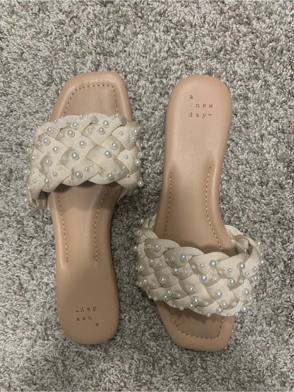 a new day Pearl-Accented Braided Slide Sandals in Beige